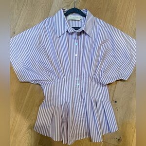 Anthropologie Exquise Striped Button-Up Peplum Shirt in Lavender and White